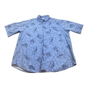 Columbia Shirt Mens XL Blue Fish Bass Pattern Short Sleeve Button Up Cotton Polo